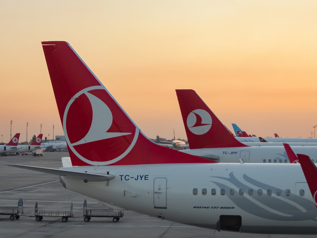 a couple of airplanes at an airport, airplanes in red tales<p></figure>