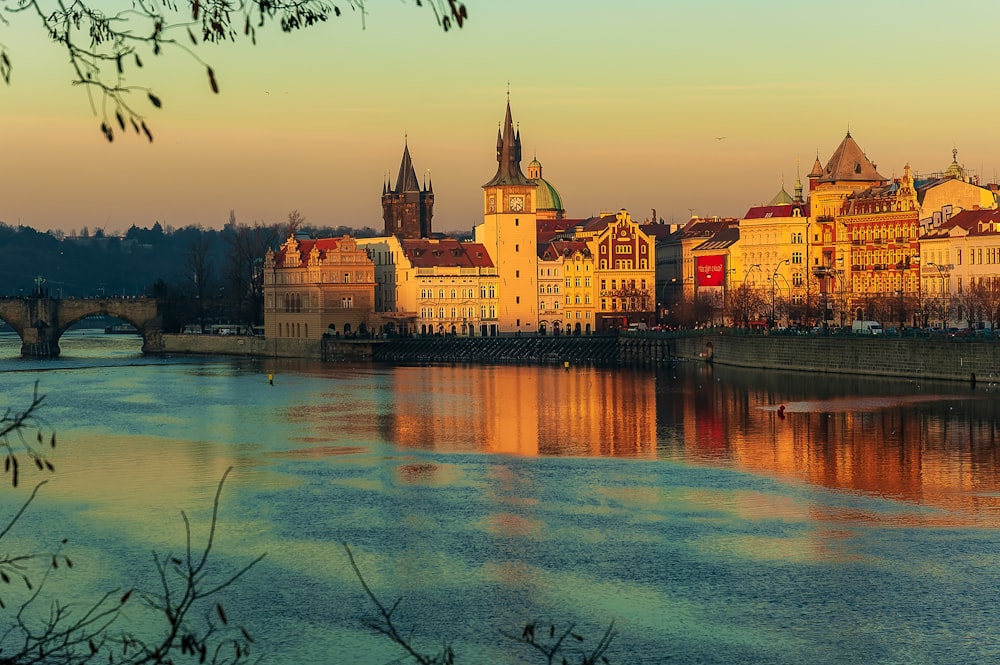 a body of water with buildings along it