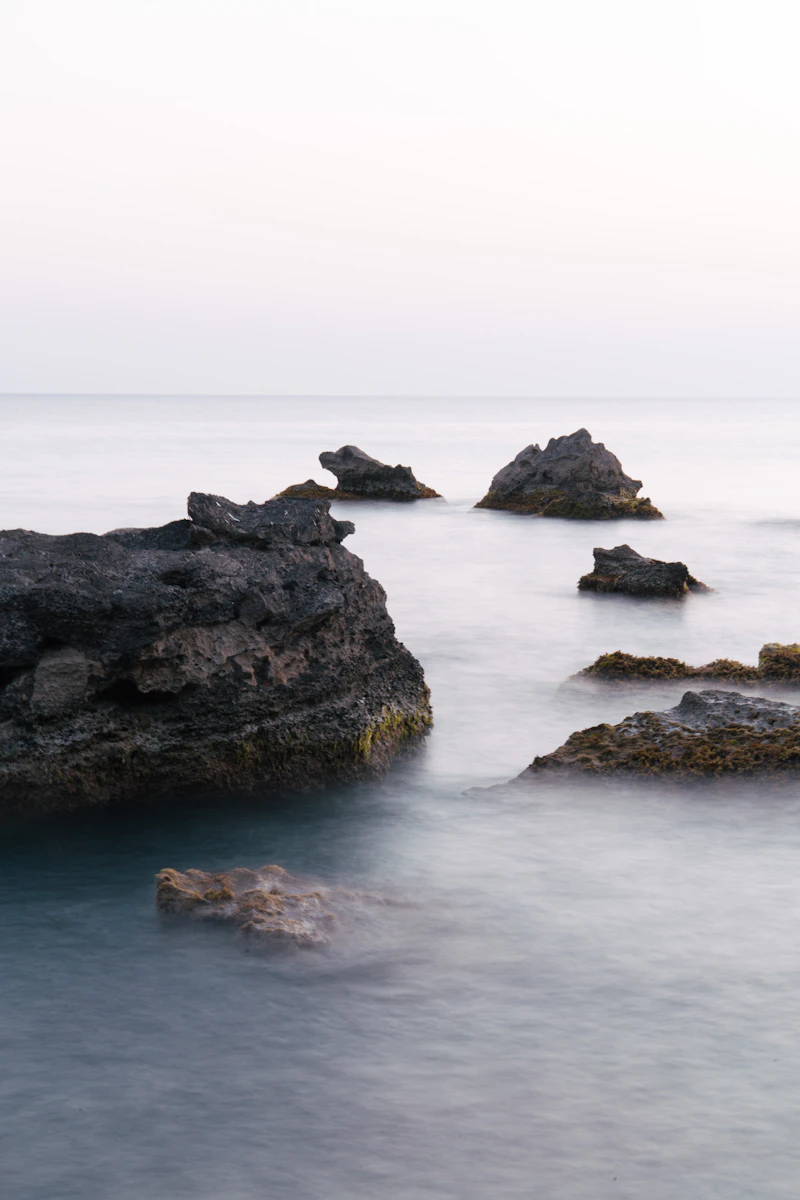 Dark rocks in a sea smoothed to mist by a long exposure
