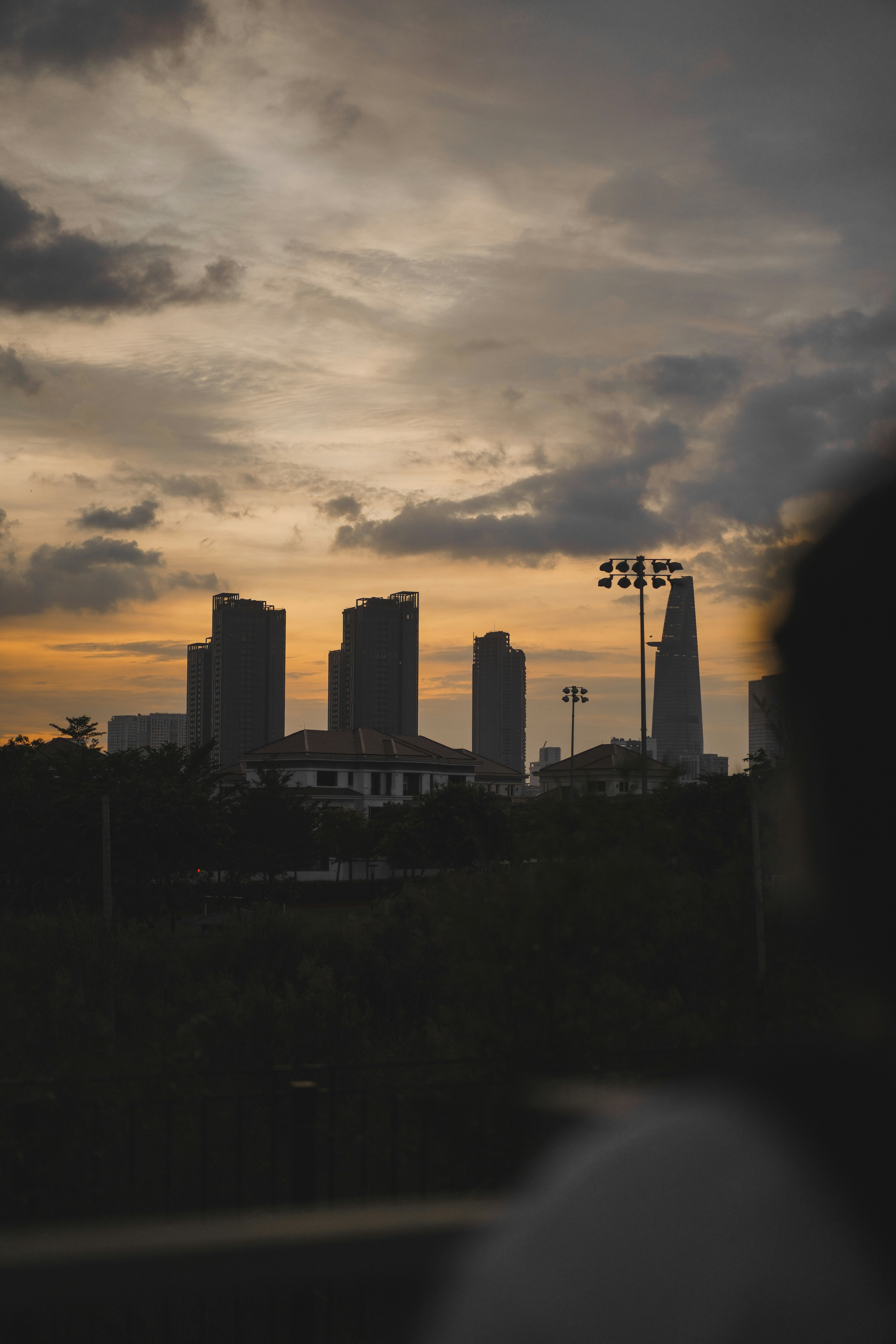 a city skyline at sunset