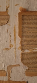 The image features a close-up of weathered, yellowed paper fragments adhered to a rough, textured wooden surface. The text on the paper is partially legible, with references to personal anecdotes. There are noticeable marks and stains on both the paper and the wood, contributing to an aged and rustic appearance.