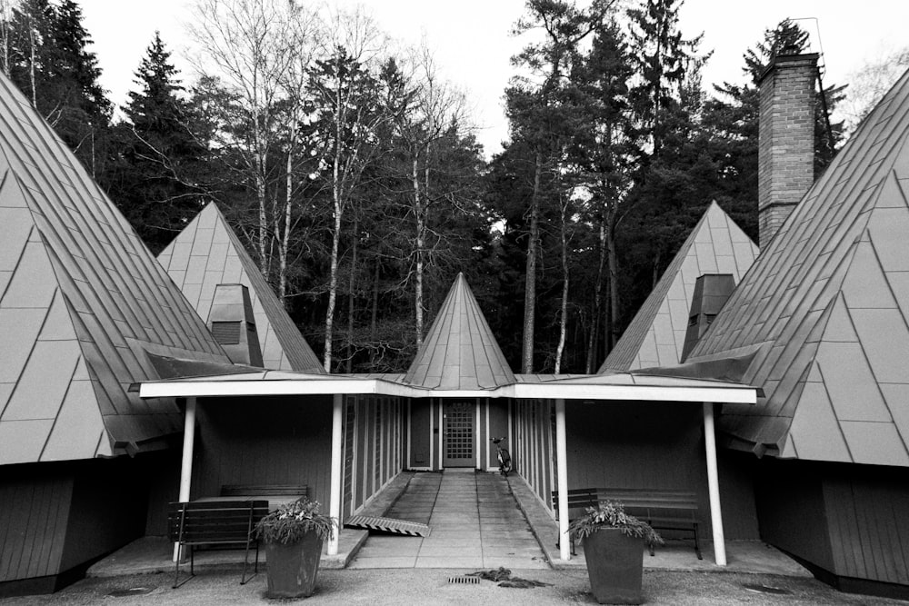 a group of houses with trees in the back