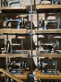 A collection of sewing machines showcased in a store.