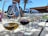 A selection of wine glasses filled with different types of wine is arranged on a wooden table, with a focus on a glass branded 'Die Mas'. The setting appears to be outdoors with a blurred background that includes a person and a palm tree.