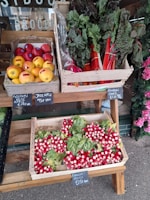 A display of fresh produce at a market with boxes filled with colorful fruits and vegetables. There are golden and red apples, vibrant red and green rainbow chard, and bunches of bright red breakfast radishes with green leaves. Each type of produce is labeled with small slate signs showing their names and prices.
