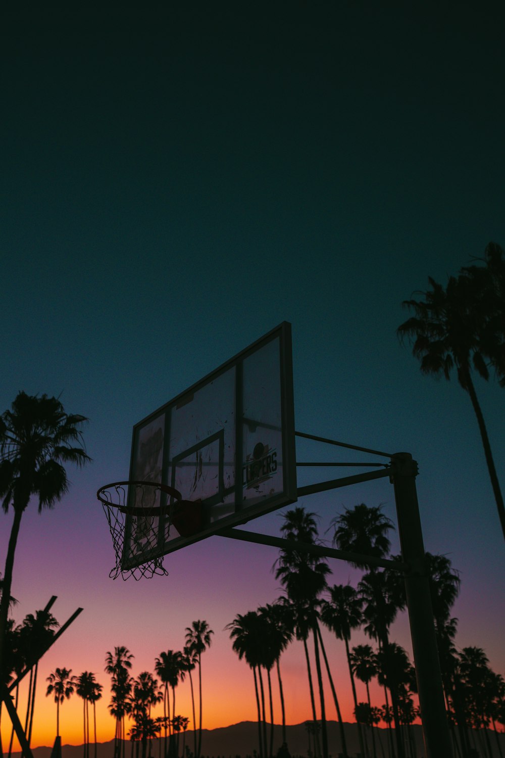 a basketball hoop in front of palm trees at night
