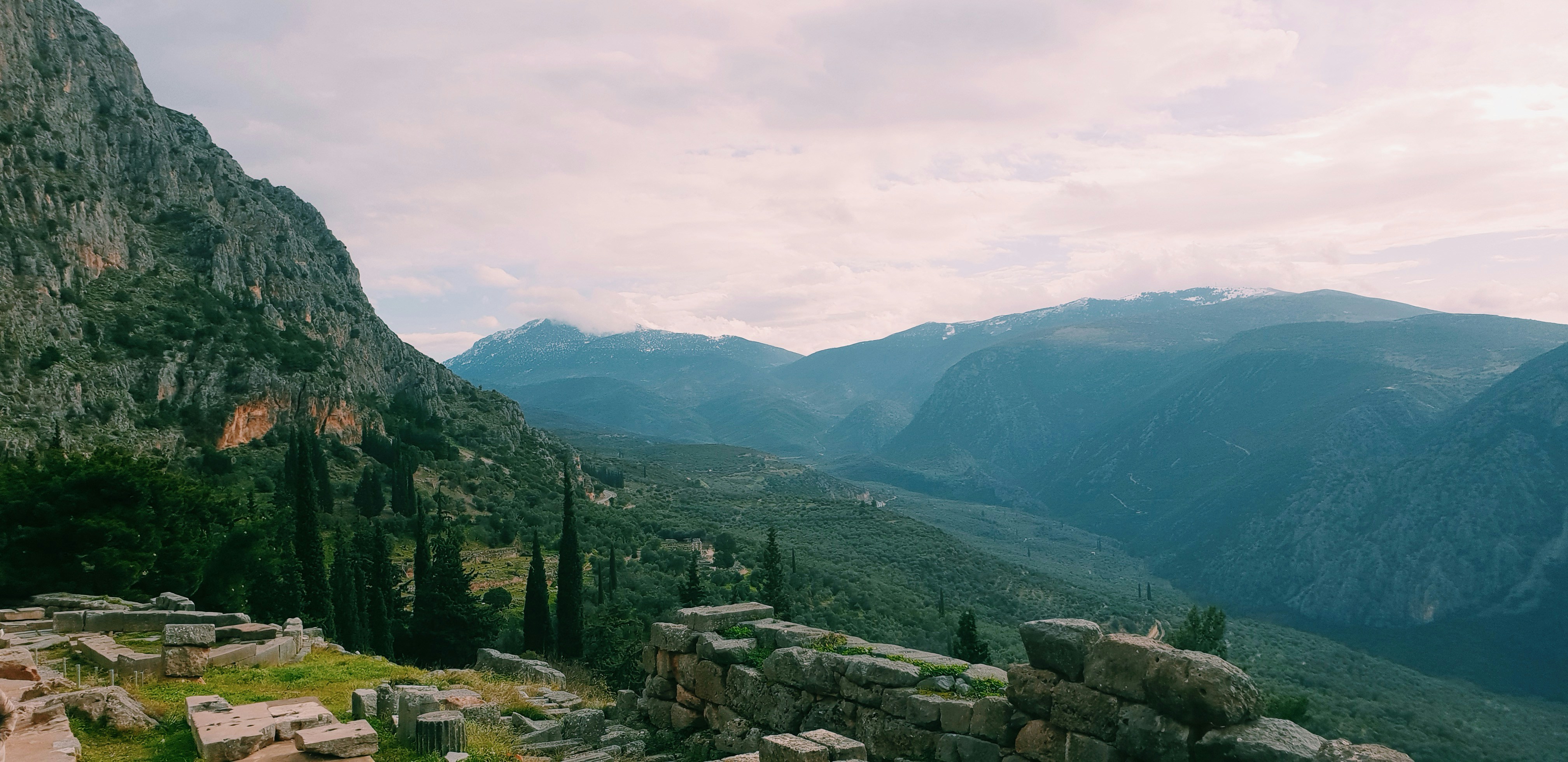 a landscape with mountains and trees
