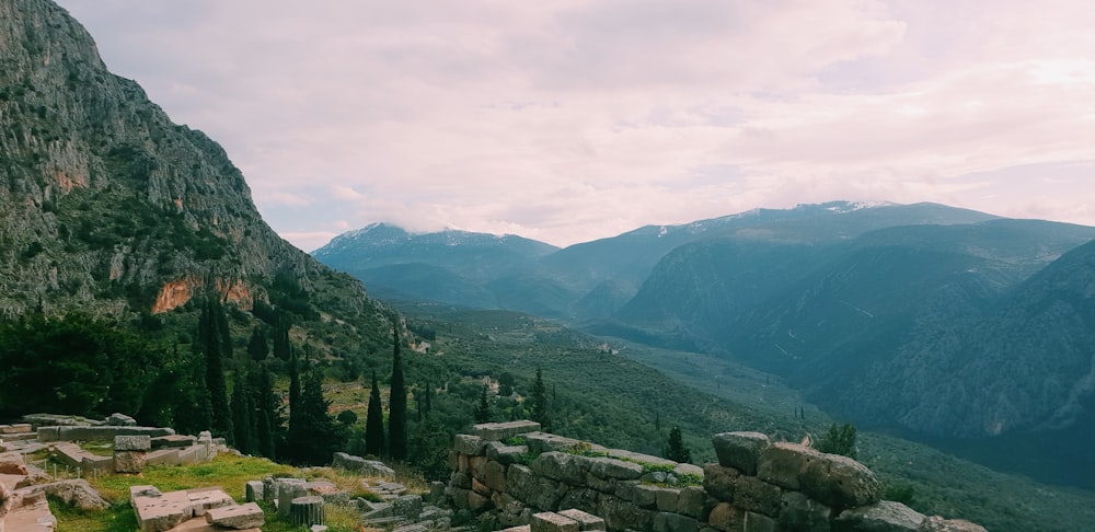 a landscape with mountains and trees