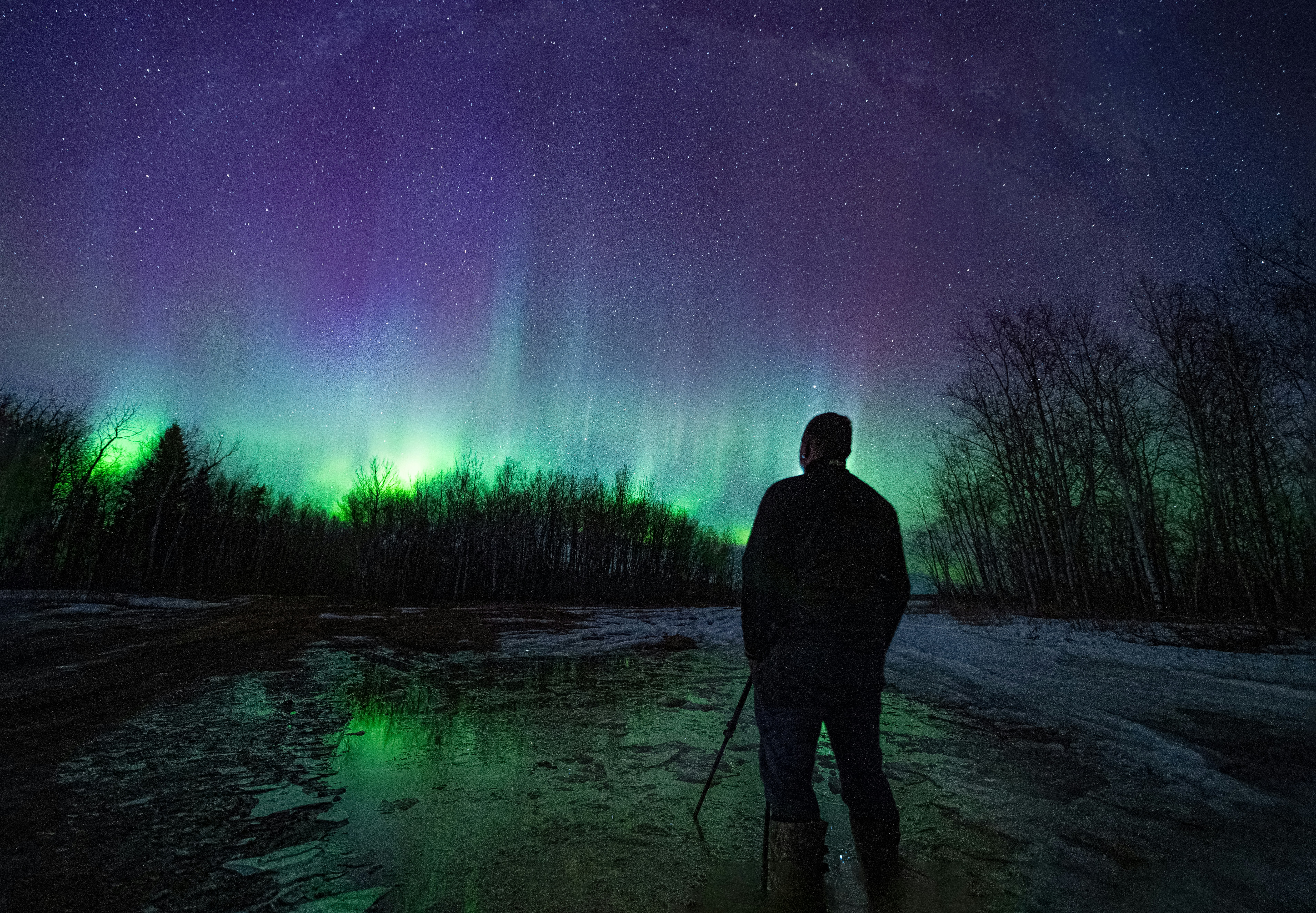 a person standing in a snowy field with a bright light in the sky