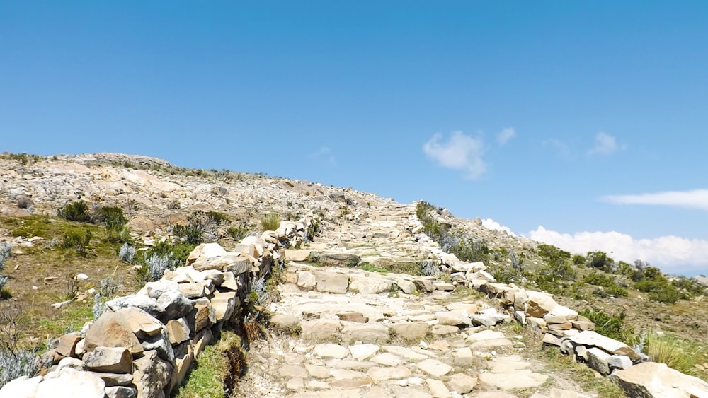 a rocky hillside with grass and rocks with Ancient Thera in the background