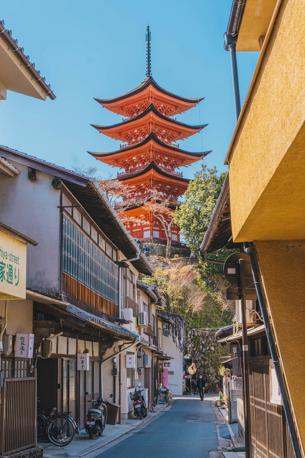 a street with buildings and trees