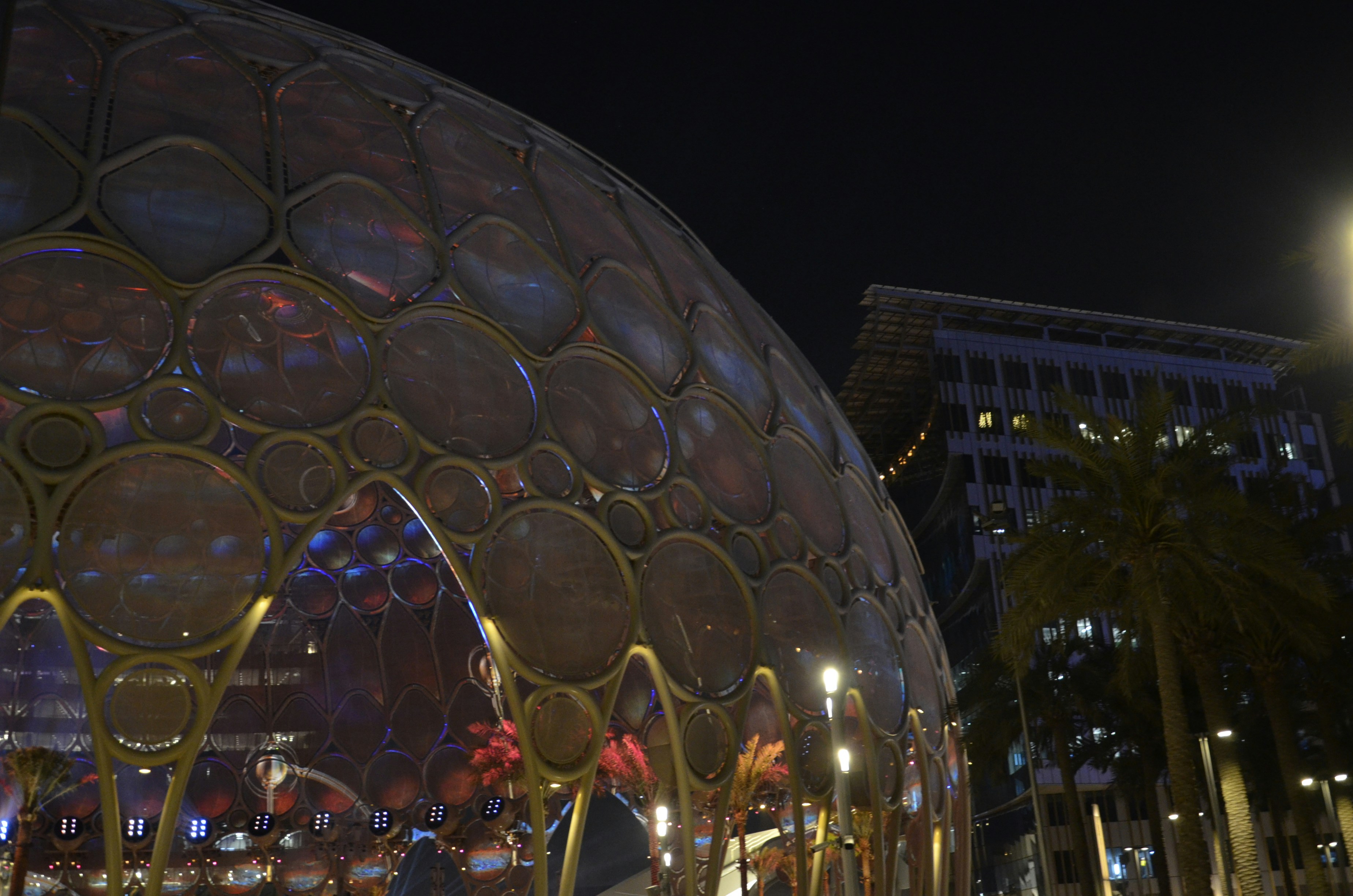 Luxury glass geodesic dome at night under starry sky, warm interior glow, desert landscape, dark atmospheric surroundings