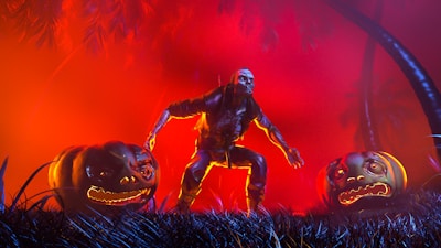 A spooky scene with a menacing character in a crouched position surrounded by two glowing jack-o'-lanterns. The background features eerie red and orange lighting with palm trees silhouetted against the vivid colors. The ground is covered with dark, sharp-looking grass, adding to the ominous atmosphere.