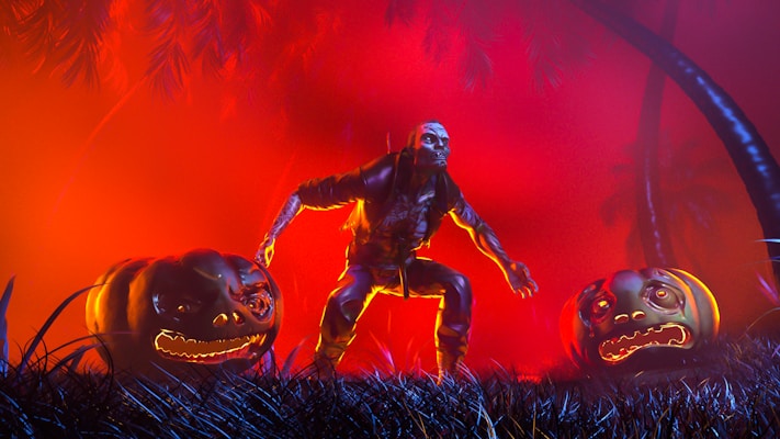 A spooky scene with a menacing character in a crouched position surrounded by two glowing jack-o'-lanterns. The background features eerie red and orange lighting with palm trees silhouetted against the vivid colors. The ground is covered with dark, sharp-looking grass, adding to the ominous atmosphere.