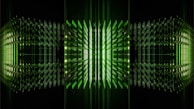 A futuristic digital design featuring glowing green lines and squares arranged symmetrically, creating a tunnel-like effect with a sense of depth and perspective.