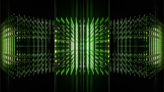 A futuristic digital design featuring glowing green lines and squares arranged symmetrically, creating a tunnel-like effect with a sense of depth and perspective.