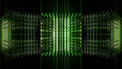 A futuristic digital design featuring glowing green lines and squares arranged symmetrically, creating a tunnel-like effect with a sense of depth and perspective.