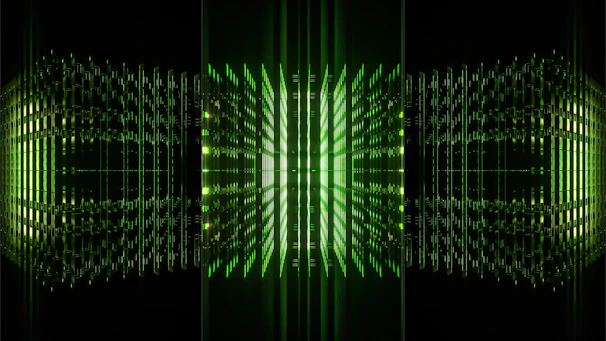 Futuristic digital cloud interface glowing in neon green over a dark background.