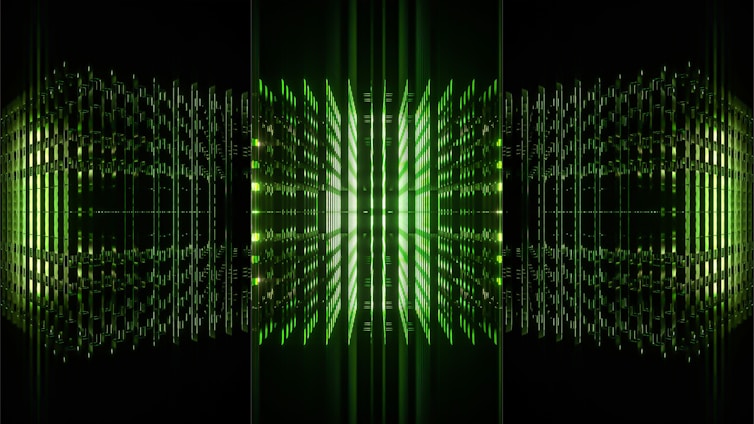 Futuristic digital network visualization with glowing green synapses connecting nodes in a dark space.