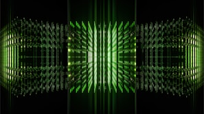 Futuristic digital eye with neon green and cyan highlights on a black background.