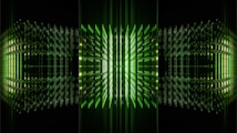 A futuristic digital design featuring glowing green lines and squares arranged symmetrically, creating a tunnel-like effect with a sense of depth and perspective.