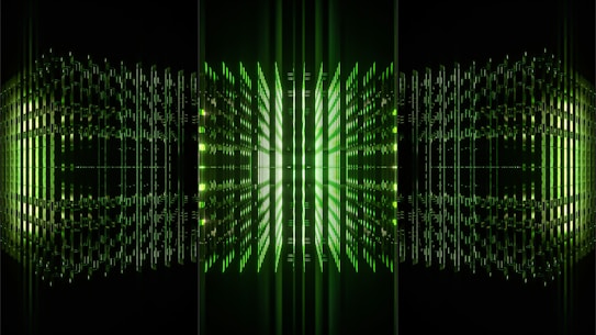 A futuristic digital design featuring glowing green lines and squares arranged symmetrically, creating a tunnel-like effect with a sense of depth and perspective.