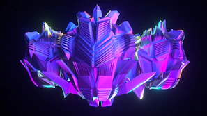 A colorful 3D artwork showing abstract shapes illuminated by intense purple and black lighting.