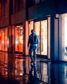 A person wearing a hoodie and jeans walks down a wet sidewalk at night. Reflections of city lights create a vibrant mix of orange and blue hues. Shop windows are illuminated, casting a warm glow on the street.