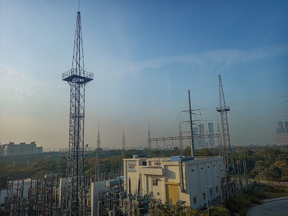 a group of power lines and towers