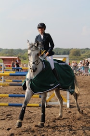 A person wearing equestrian attire rides a grey horse in an outdoor setting. The horse is adorned with a green covering and is trotting near colorful jumps. In the background, there is a crowd of spectators and a scenic view of trees and blue sky.