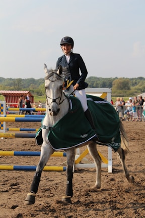 A person wearing equestrian attire rides a grey horse in an outdoor setting. The horse is adorned with a green covering and is trotting near colorful jumps. In the background, there is a crowd of spectators and a scenic view of trees and blue sky.