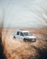 A spacious utility van parked near a quiet beach, with soft sand and gentle waves nearby.