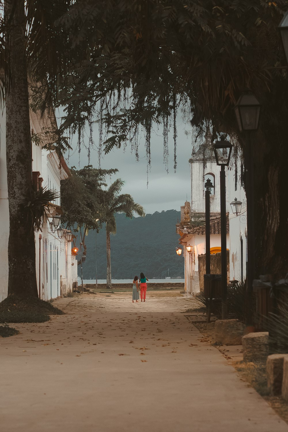 a couple of people walking down a street lined with trees and buildings