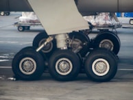 A close-up of a landing gear component highlighting its durability.