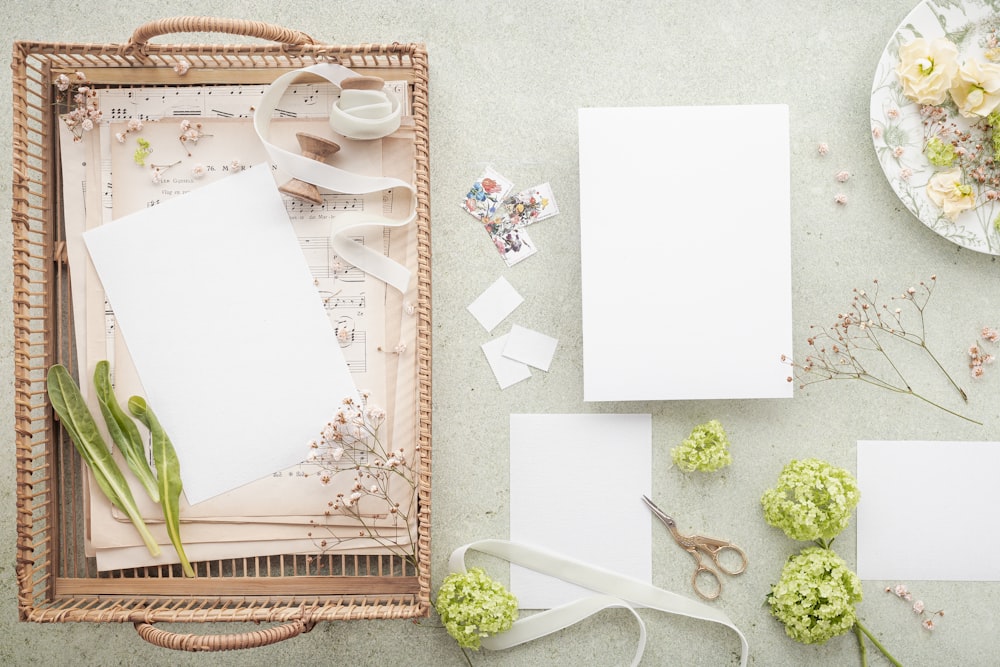 a table with a white board and pictures on it