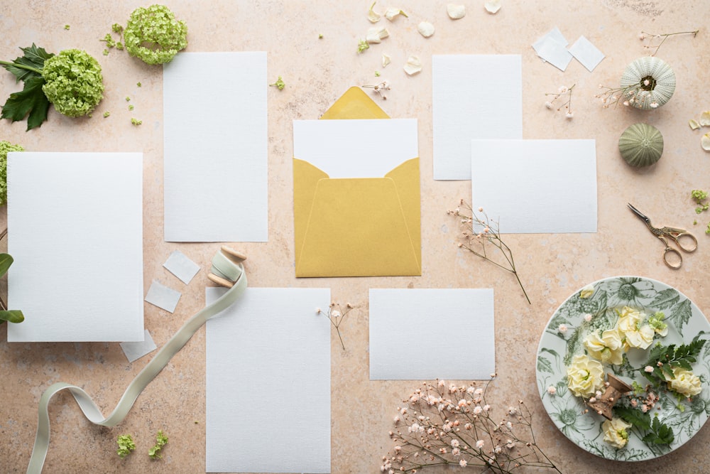 a table with several pieces of paper on it