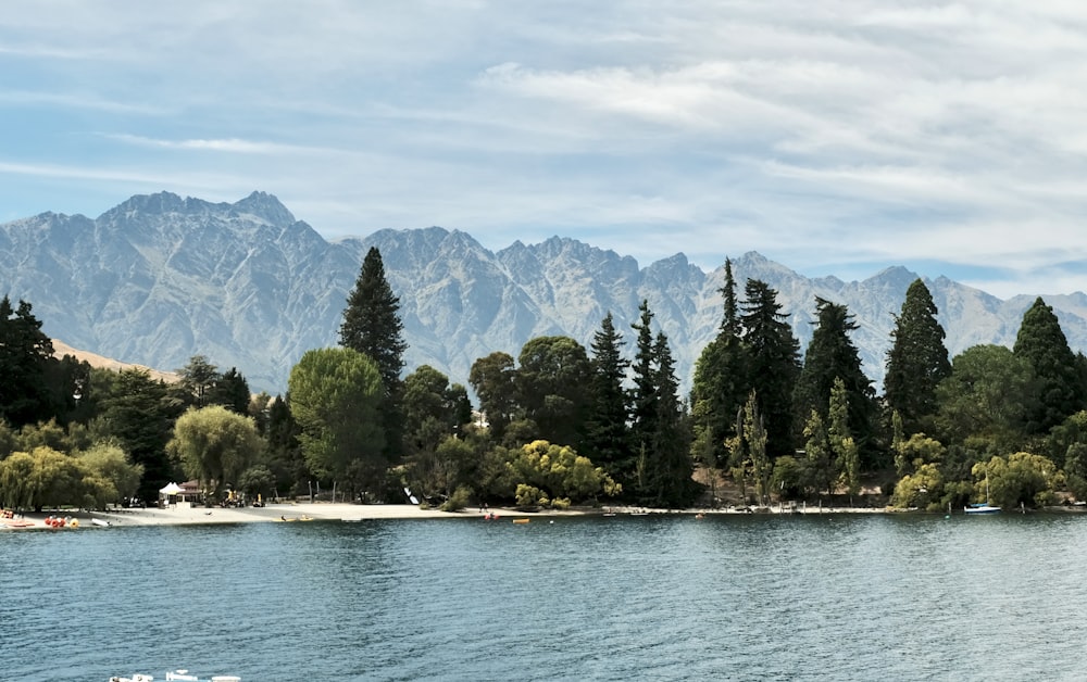 a body of water with trees and mountains in the background