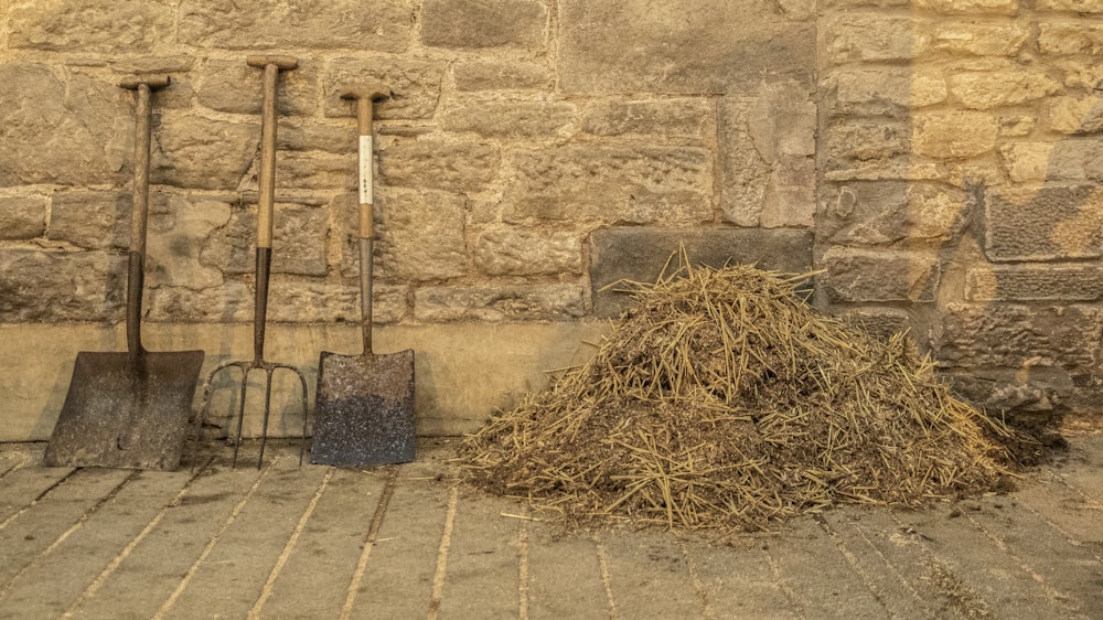 a hay bale in a stone room