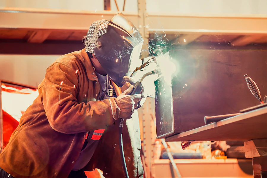 Fabrication team wearing full protective welding gear and safety equipment in workshop