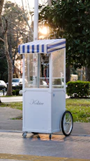 a white and blue water cooler