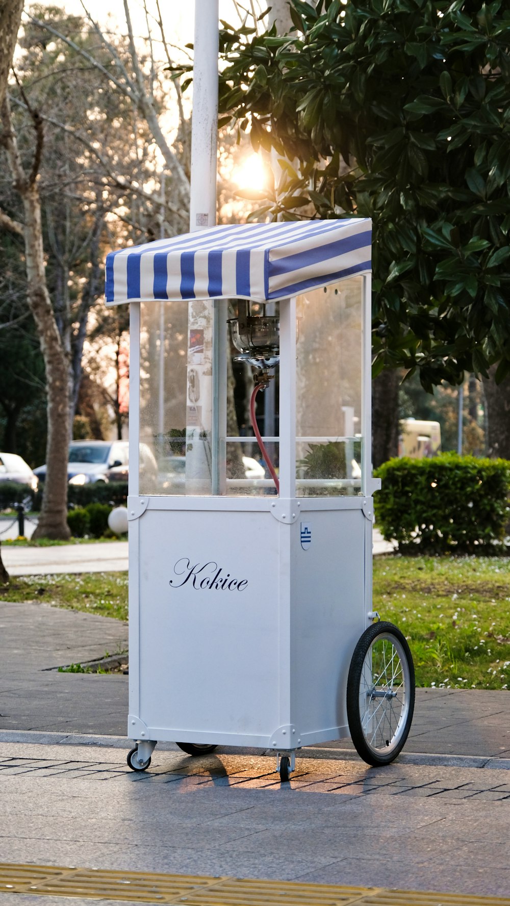 a white and blue water cooler