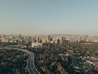 a city with a freeway and trees