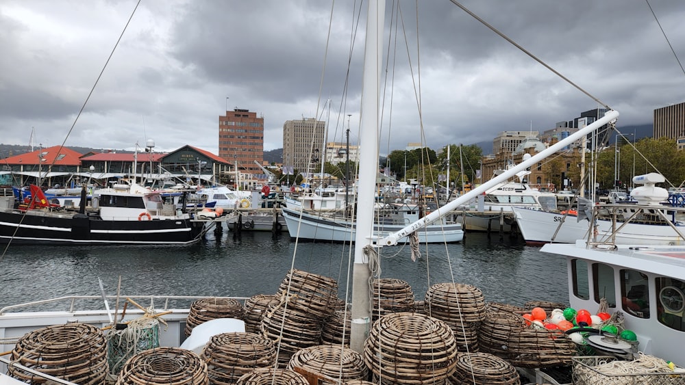 um grupo de barcos em um porto