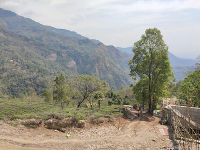 Dowhill Kurseong resort under construction with scenic mountain backdrop.