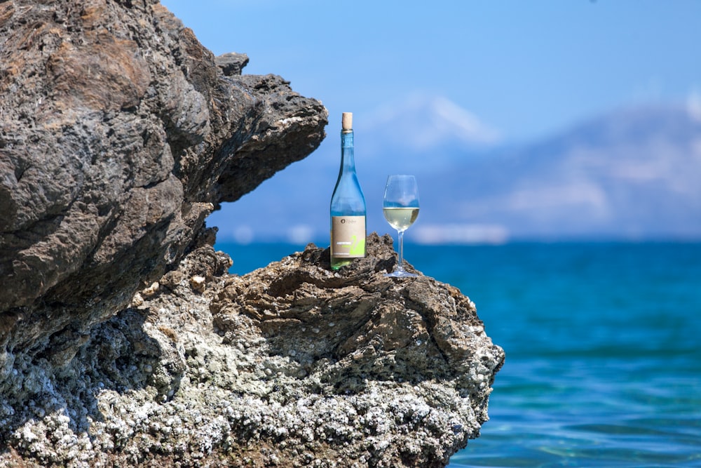 a bottle of wine and a glass of wine on a rock by the water