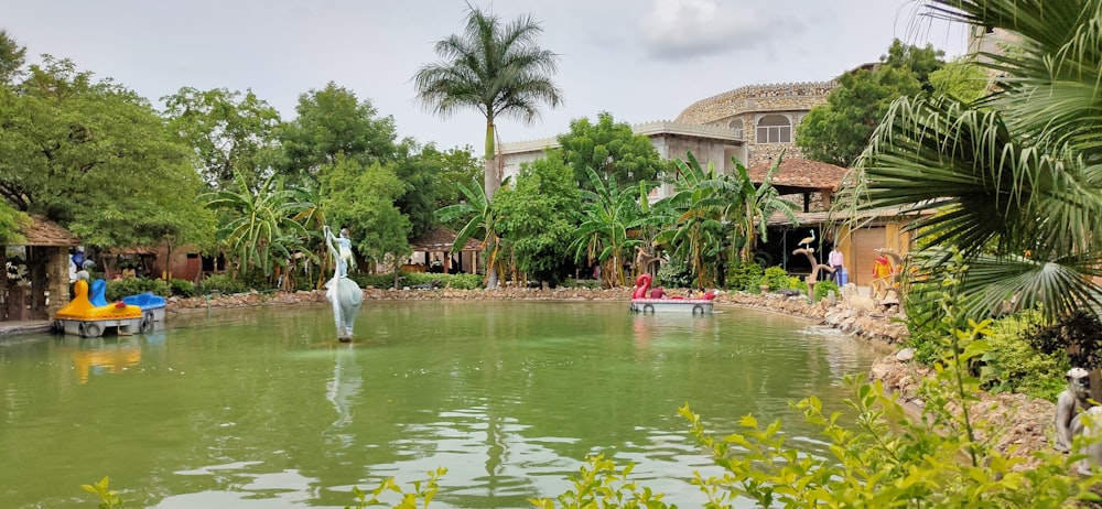 a body of water with buildings and trees around it