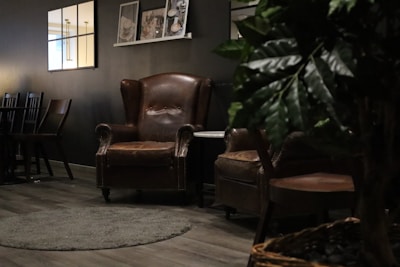 a room with chairs and a rug