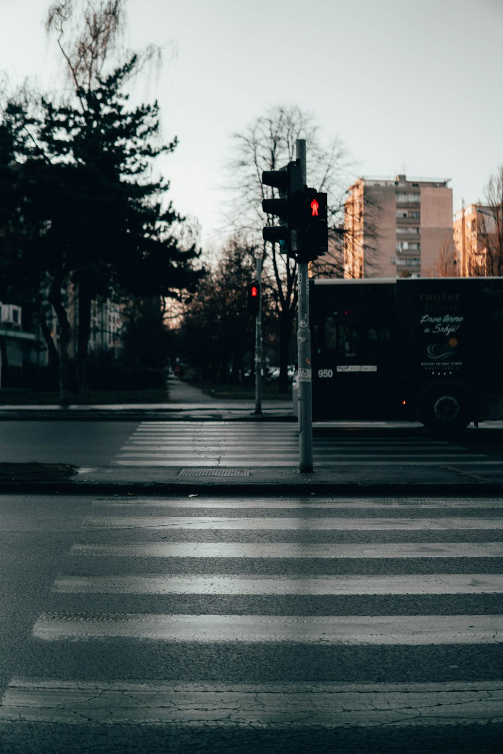 a bus stopped at a red light