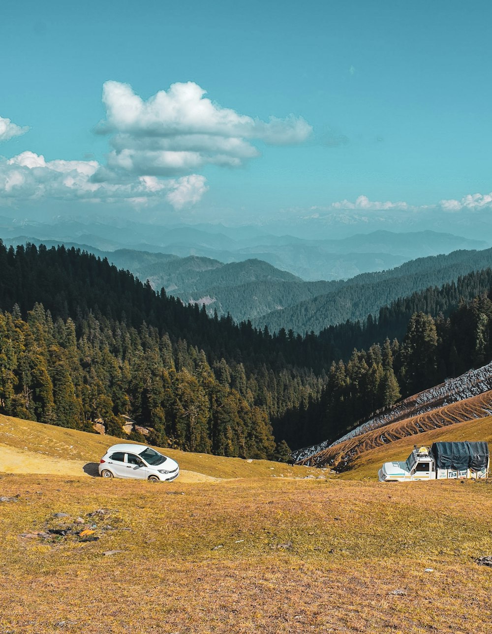 a car parked on a road with trees and mountains in the background