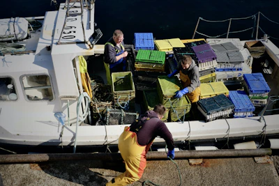 Crew members in safety gear coordinating logistics on a supply vessel deck.